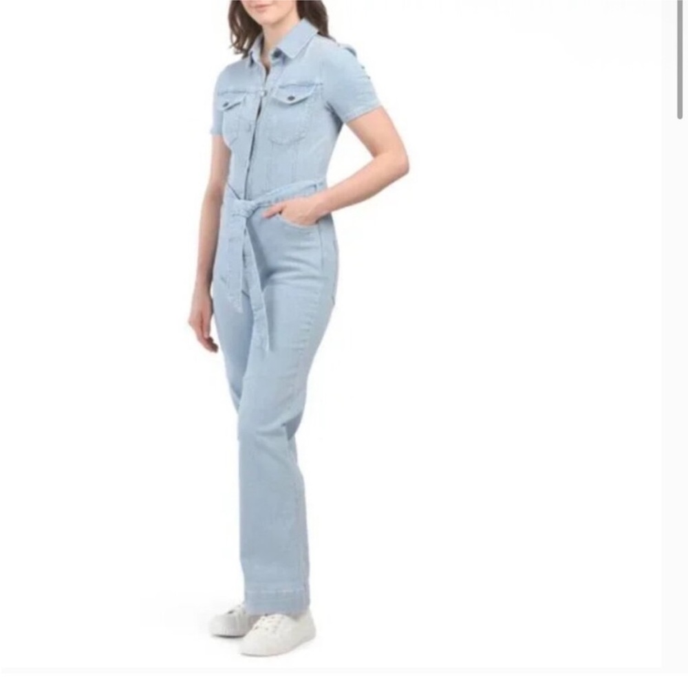 Avec Les Filles Sky Blue Utility Belted Retro Wide Leg Denim Jumpsuit